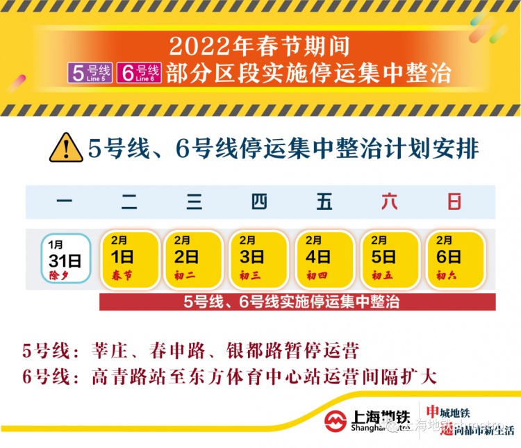 上海地铁5号线、6号线春节期间部分区段停运